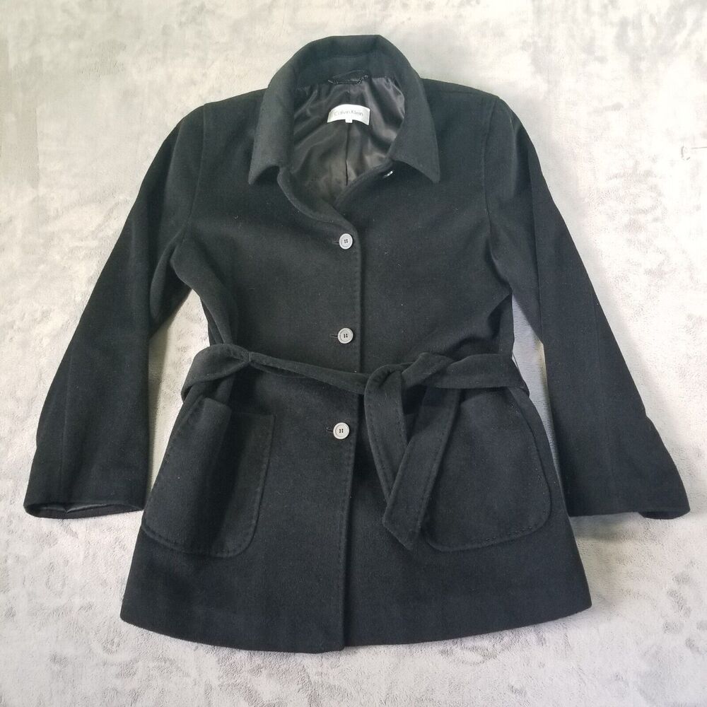 Calvin Klein Coat Womens Size 14 Black Mid Length Angora Wool Blend Belted